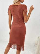 Fringe Openwork Boat Neck Knit Dress OutfitFlow